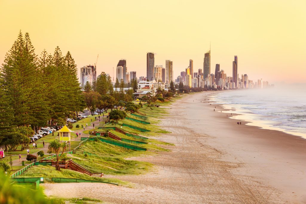 Queensland Gold Coast beach with city during sunset