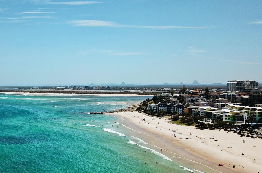 Queensland Sunshine Coast aerial shot of a beach and city