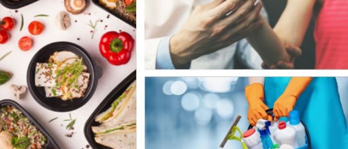 collage of images: fresh healthy meals, a woman holding up a weight, and a cleaner holding a bucket of cleaning supplies